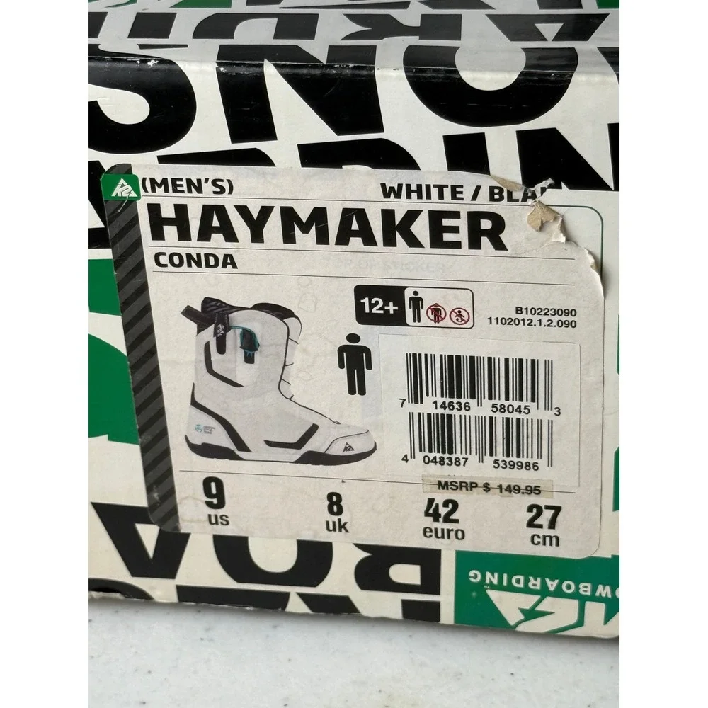 K2 Haymaker Conda Snowboard Boots Mens 9 White Black B10223090 with Original Box